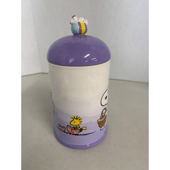 Peanuts Snoopy Woodstock Easter Ceramic Cookie Jar Canister Purple White - Picture 4 of 10